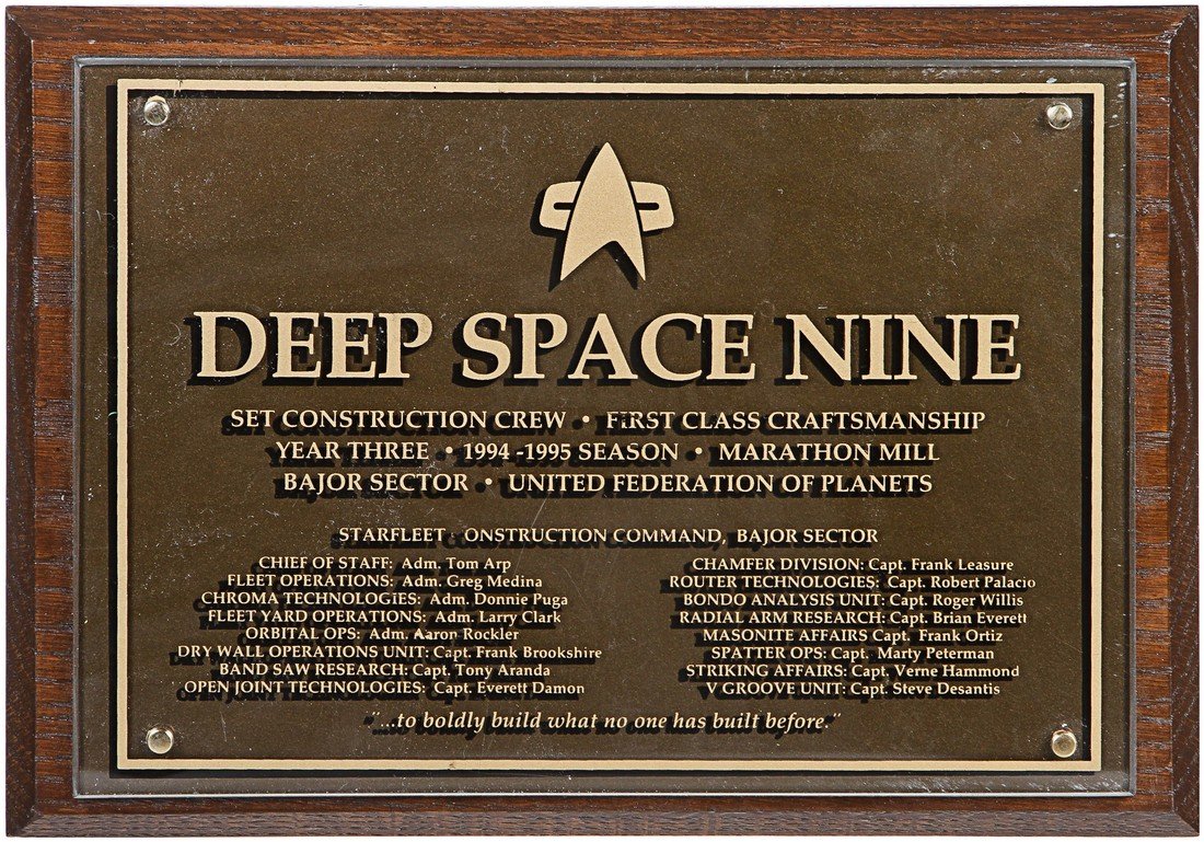Star Trek: Deep Space Nine Construction Crew Plaque: This is a crew plaque gift given out to members of the Set Construction Crew after filming of Star Trek: Deep Space Nine. These items were given out by the production, and were never offered to the ge