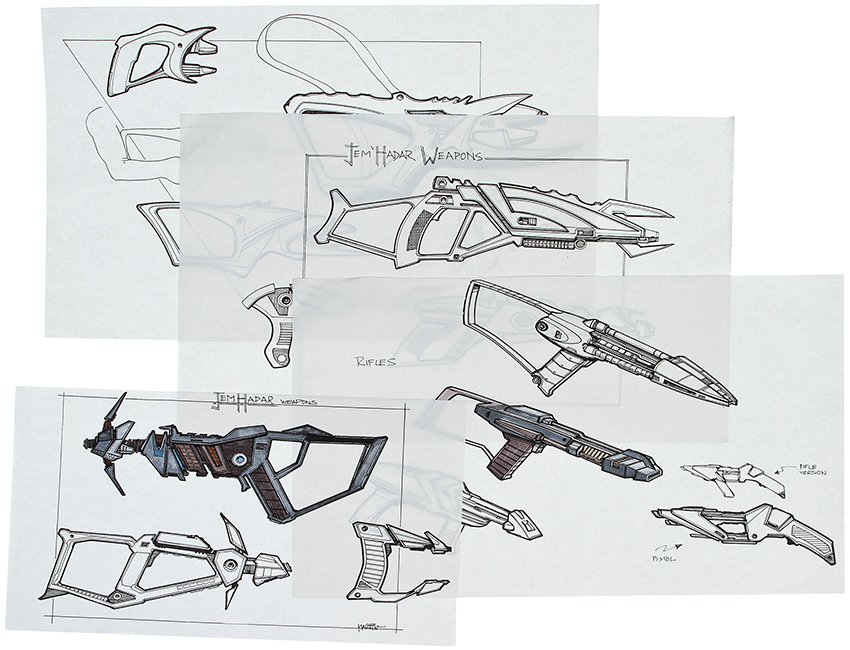 Star Trek: Deep Space Nine Jem' Hadar Rifle Concept: Four pages with over thirteen conceptual images of the Jem' Hadar blaster rifle featured in Star Trek: Deep Space Nine. These pages depict the various designs that eventually led to the rifle seen on 