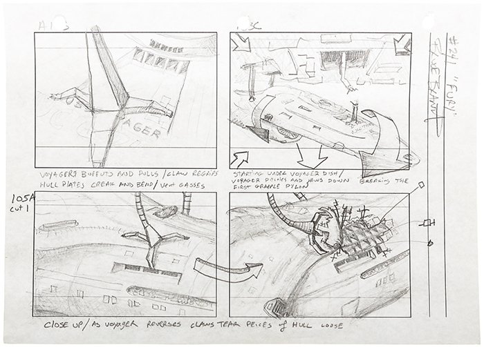 Star Trek: Voyager Hand Drawn Storyboard from "Fury": Production used storyboard featuring the hull of the USS Voyager under attack in the Star Trek: Voyager episode "Fury". This piece is hand drawn in pencil on a sheet of 8.5" x 11" paper, and features 