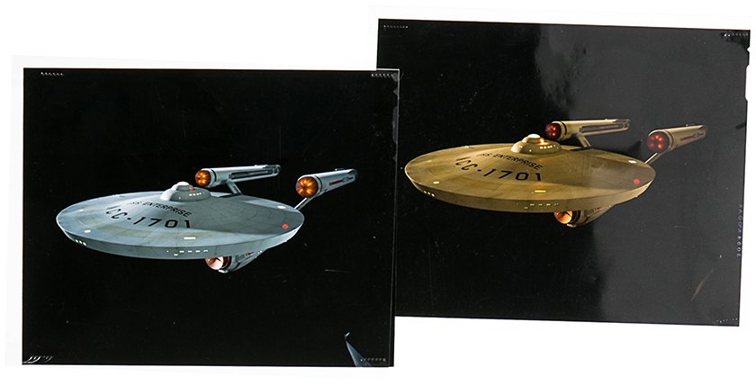 Star Trek: DS9 Trials & Tribbleations Photograph Set: Set of two original film negatives featuring the TOS Enterprise used in the Star Trek: Deep Space Nine episode "Trials & Tribble-ations". These negatives feature a clean image of the TOS Enterprise fi