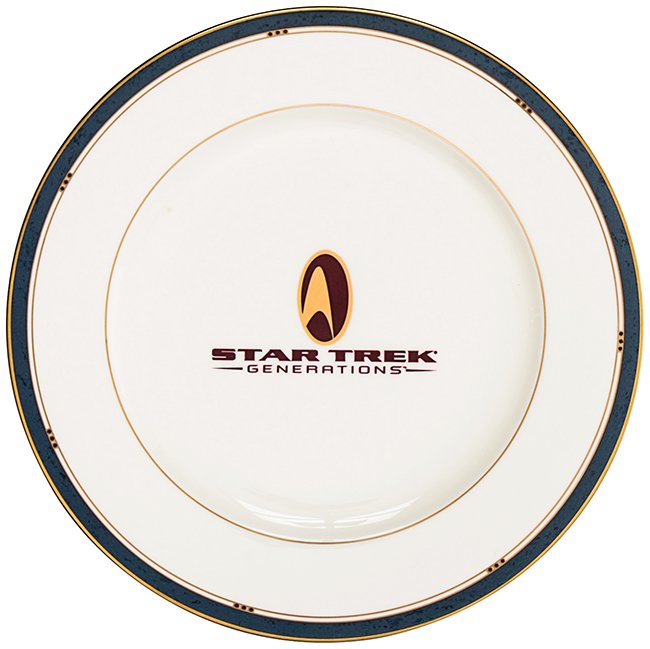 Star Trek: Generations Cast & Crew Plate: A plate given out to member of the cast and crew of the motion picture Star Trek: Generations. Porcelain plate featuring the logo for Star Trek Generations on the front, with the text "Designed for th