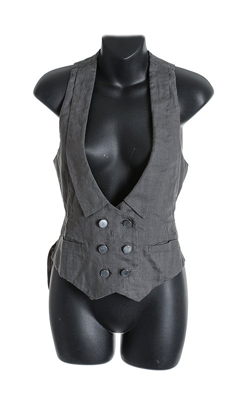 Warehouse 13 "H.G. Wells" Vest from "Where and When": Blue and grey vest worn by the character of H. G. Wells in the season two episode "Where and When". This suit vest features a brown striped lining with a button up front and adjustable back. Comes wit