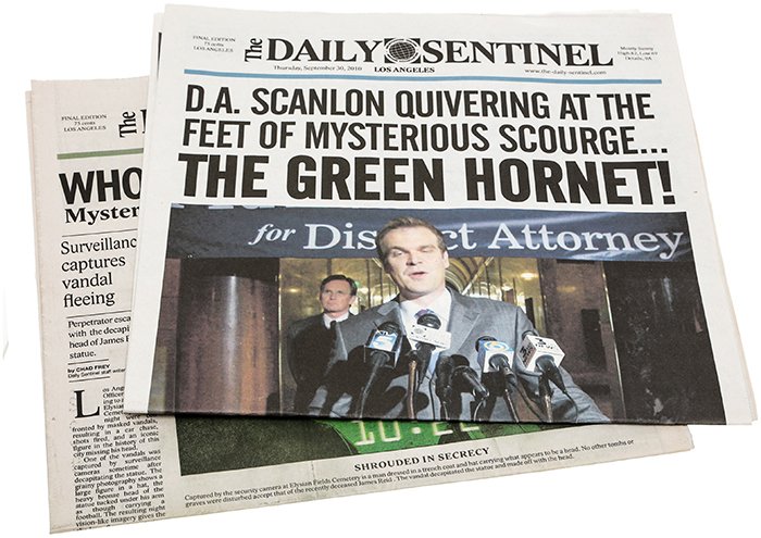 The Green Hornet "Mysterious Scourge" Newspaper Set: Set of two Daily Sentinel newspapers featured in the Seth Rogen comedy The Green Hornet. This set features two newspapers featuring the title "Who Is the Green Hornet", and "…Mysterious Scourge The 