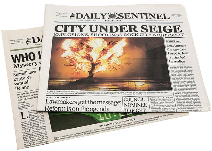 The Green Hornet "City Under Siege" Newspaper Set: Set of two Daily Sentinel newspapers featured in the Seth Rogen comedy The Green Hornet. This set features two newspapers featuring the title "Who Is the Green Hornet", and "City Under Siege". Each it