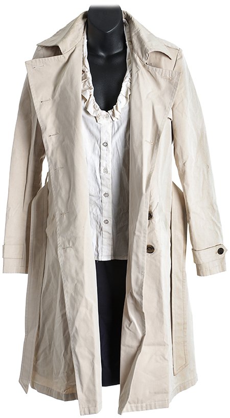 The Incredible Hulk Betty Ross Overcoat Costume: Blue skirt and white open necked dress top worn by Betty Ross, actress Liv Tyler in the Marvel superhero film The Incredible Hulk. This costume set also features her signature taupe overcoat. All item
