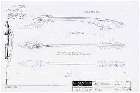 Stargate SG-1 Alien Stunner Weapon Original Artwork: Original artwork depicting a alien stunner weapon the from the Stargate Sg1 episode "New Ground". This piece was made by the production and features a new weapon introduced in the episode. This weapon