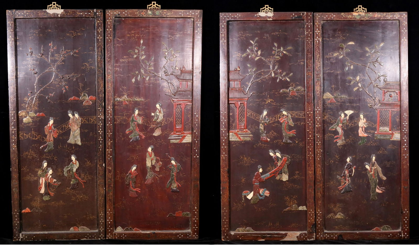 A set of four hanging screens filled with lacquer and painted landscapes and figures inlaid with (1 of 11)