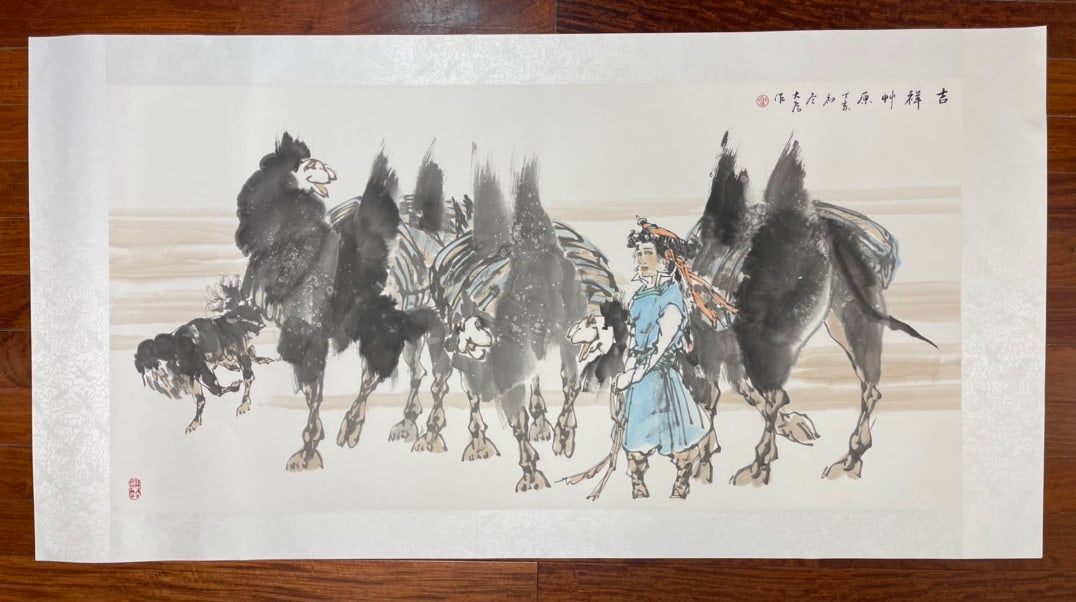 A Chinese Ink Painting of Figure and Camel on Paper,Liu Dawei: A Chinese Ink Painting of Figure and Camel on Paper,Liu Dawei,Size:52.4in 一幅中国水墨人物骆驼图,刘大为