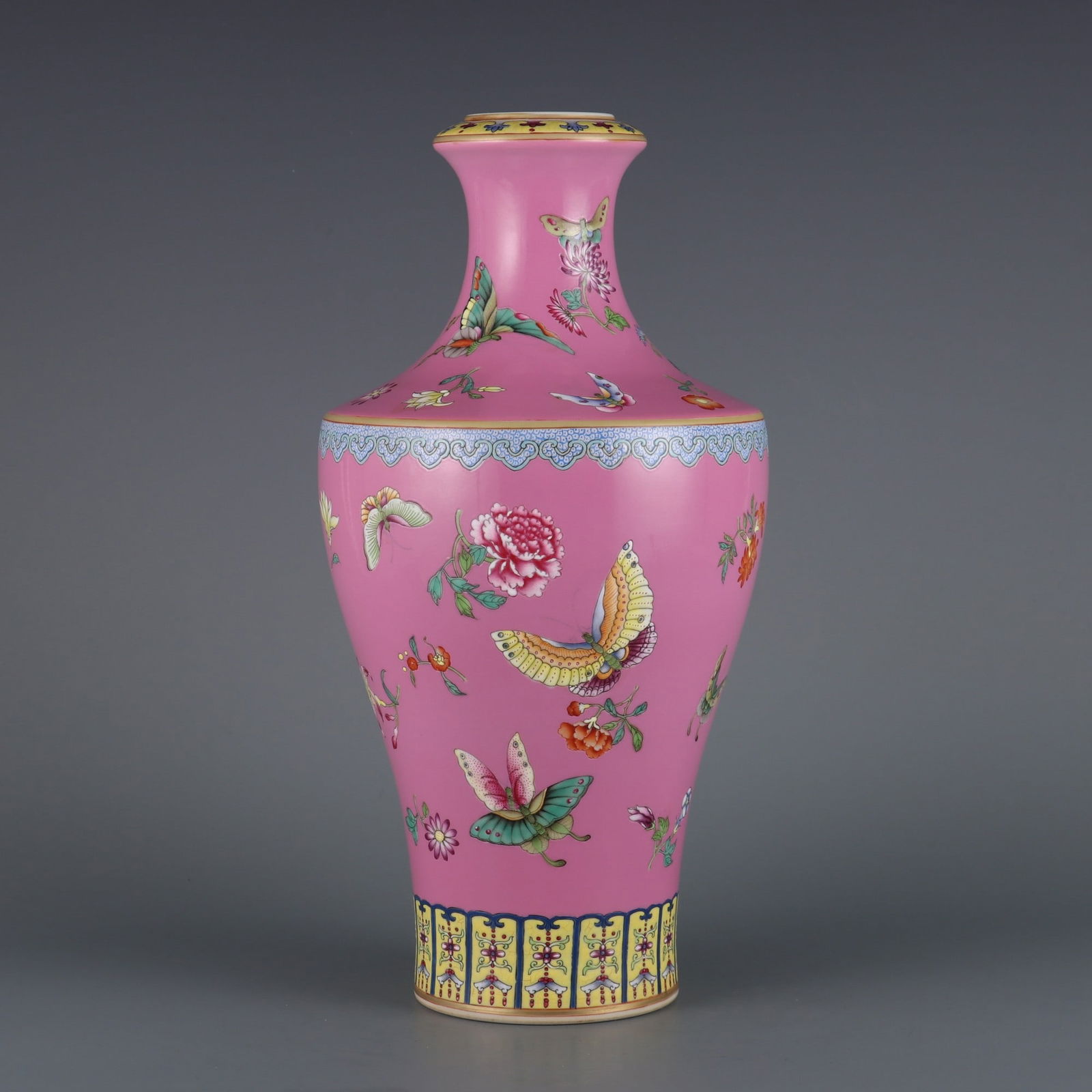 A Rare Pink Ground Enamel Flower and Butterfly Pattern Vase