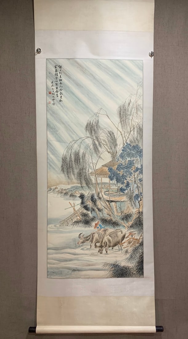 A Chinese Vertical Scroll Ink Painting of Landscape and Figure on Paper,Hu Yefo: A Chinese Vertical Scroll Ink Painting of Landscape and Figure on Paper,Hu Yefo,Size:52.4in 一幅中国水墨山水人物画立轴,