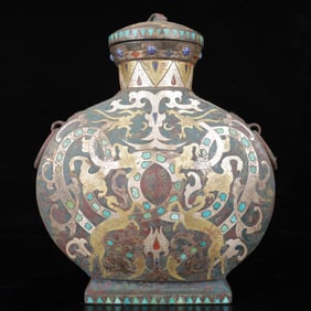 An Archaic Bronze Inlaid Gold and Silver Dragon Pattern Double-Ears,Inlaid Turquoise