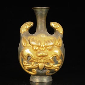 An Exquisite Gilt Silver Beast-Face Pattern Double-Ears Vase