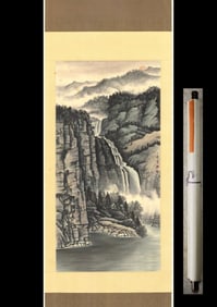 A Chinese Vertical Scroll Ink Painting of Landscape on Paper