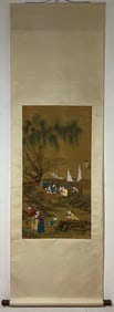A Chinese Vertical Scroll Ink Painting of Figure and Story on Silk