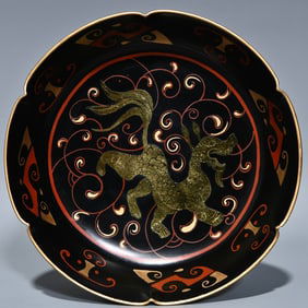 An Exquisite Ru yao Gilt Kylin Pattern Plate