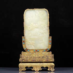 A Rare Gilt Bronze Inlaid White Jade Landscape Pattern Table Screen, Inlaid Turquoise