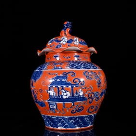An Exquisite Blue and White Character and Story Pattern with Cover Jar