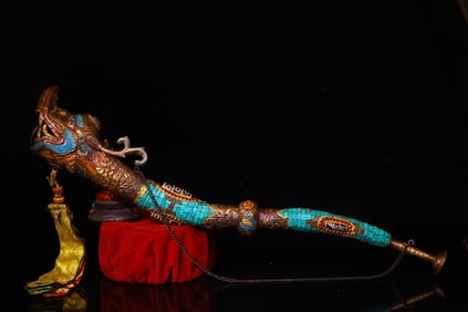 A Rare Bronze Cloisonne Inlaid Dzi Bead and Turquoise Dragon Pattern Ornament