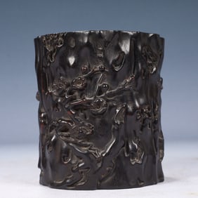 An Exquisite Zitanwood Flower and Bird Pattern Brush Pot