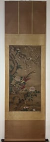 A Chinese Vertical Scroll Ink Painting of Flower and Bird on Silk