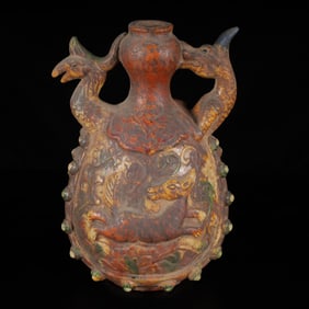 An Exquisite Tang Tri-Color Glazed Pottery Auspicious Beast Double-Ears Vase