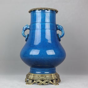 An Exquisite Blue Glazed Inlaid Bronze Elephant-Ears Vase