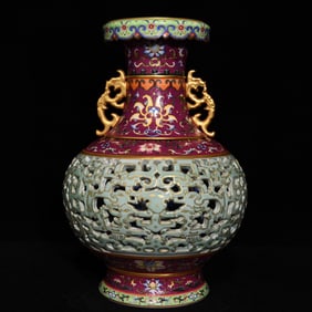 A Rare Ruby Red-Glazed Gilt Lotus Pattern Double-Ears Vase