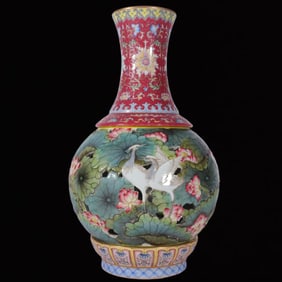 A Rare Famille-Rose Ruby Red-Glazed Flower and Crane Pattern Vase