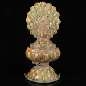 An Exquisite Tang Tri-Color Glazed Pottery Peacock Ornament, with a base