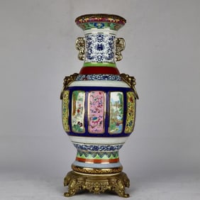 A Huge Famille-Rose Flower Pattern Inlaid Bronze Lion-Ears Vase