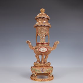 An Exquisite Filigree and Gilding Inlaid White Jade Double-Ears and Tripod Censer,Inlaid Gems