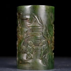 An Exquisite Jasper Character and Story Pattern Brush Pot
