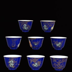 A Set of Fine Enamel and Ruby Bule Glazed Painted Gold Figure Pattern Cups