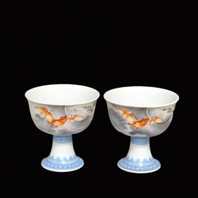 A Pair of Exquisite Famille-Rose Bats Pattern Stem Cups