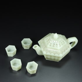 A Set of Fine White Jade Poem Teapots