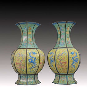 A Pair of Rare Painted Enamel Dragon Pattern Vases