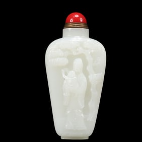 An Exquisite White Jade Figure and Bamboo Pattern Snuff Bottle, Inlaid Gems, with poem
