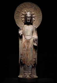 A Solemn Limestone Painted Color Statue of Avalokitesvara
