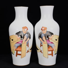 A Pair of Exquisite Enamel Figure Pattern Vases,with Poem