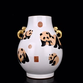 A Rare Enamel Panda Pattern Double-Ears Vase,With Poem