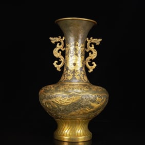 An Exquisite Gilt Silver Phoenix Pattern Dragon-Ears Vase