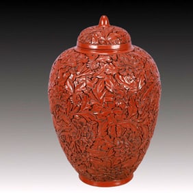 A Rare Carved Red Lacquer peony and Phoenix Pattern Cover Jar