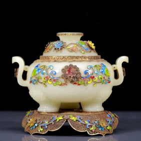 An Exquisite White Jade Inlaid silver-gilt Flower Pattern Double-Ears and Tripod Censer