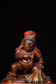 A Rare Bronze Inlaid Dzi Bead and Turquoise Statue of Mammon