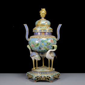 A Huge Cloisonne Lotus and Crane Pattern Double-Ears and Tripod Censer
