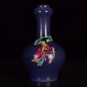 An Exquisite Blue Glazed Famille-Rose Painted Gold Figure Pattern Vase