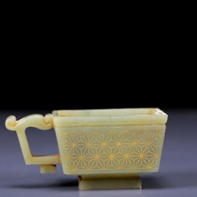 An Exquisite Greenish Jade  Painted Gold Cup
