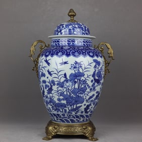 A Huge Blue and White Lotus Pattern Inlaid Bronze Flower Double-Ears Jar with Cover