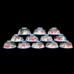 A Set of Fine Enamel Flower Pattern Bowls,With Poem