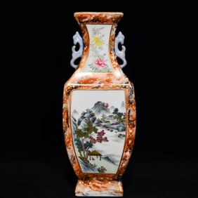 A Precious Imitation Wood Grain Glazed Famille-Rose Landscape Pattern Double-Ears Vase
